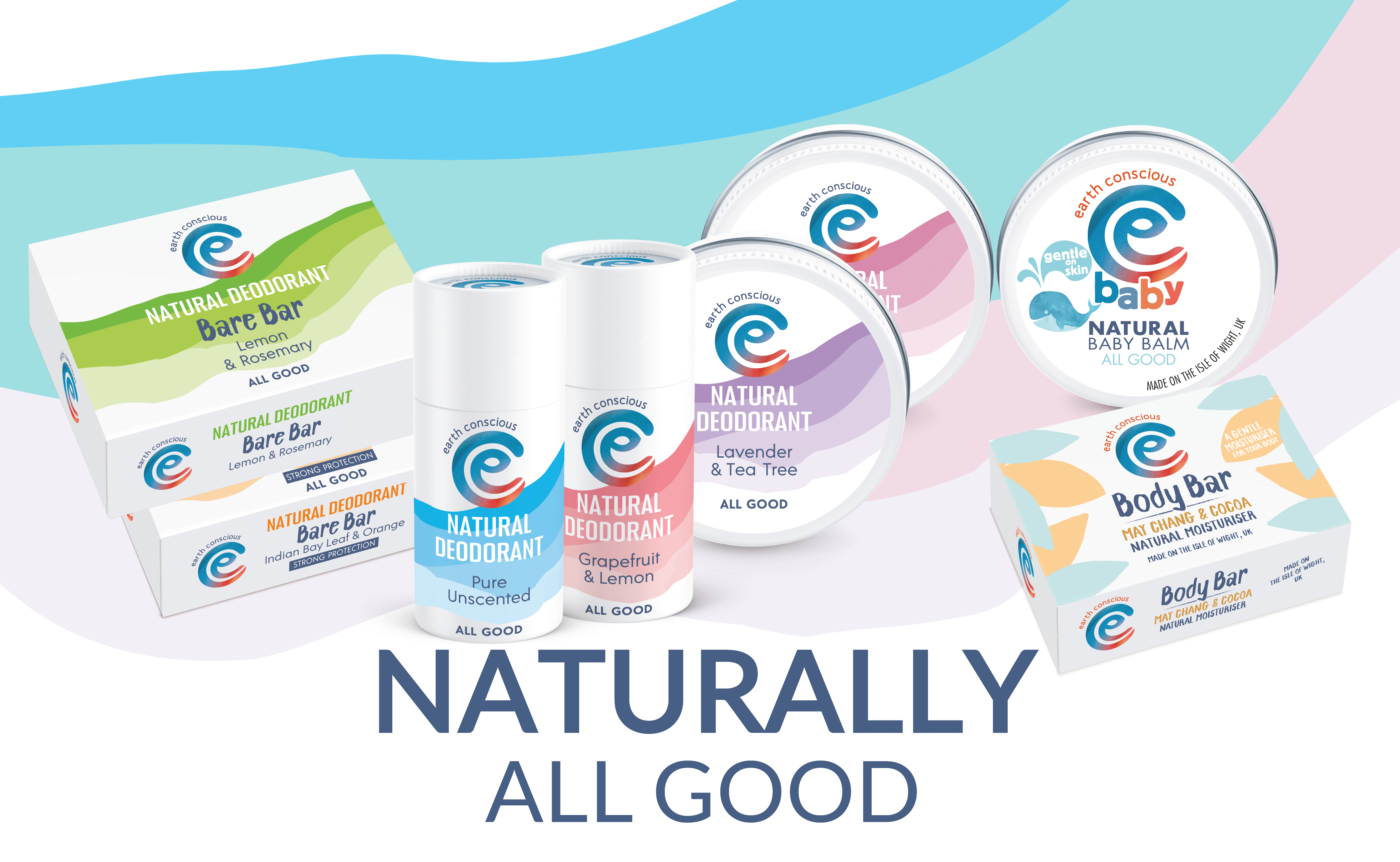 Collection of Earth Conscious Natural deodorant in balms, sticks and solids for men women and teens.