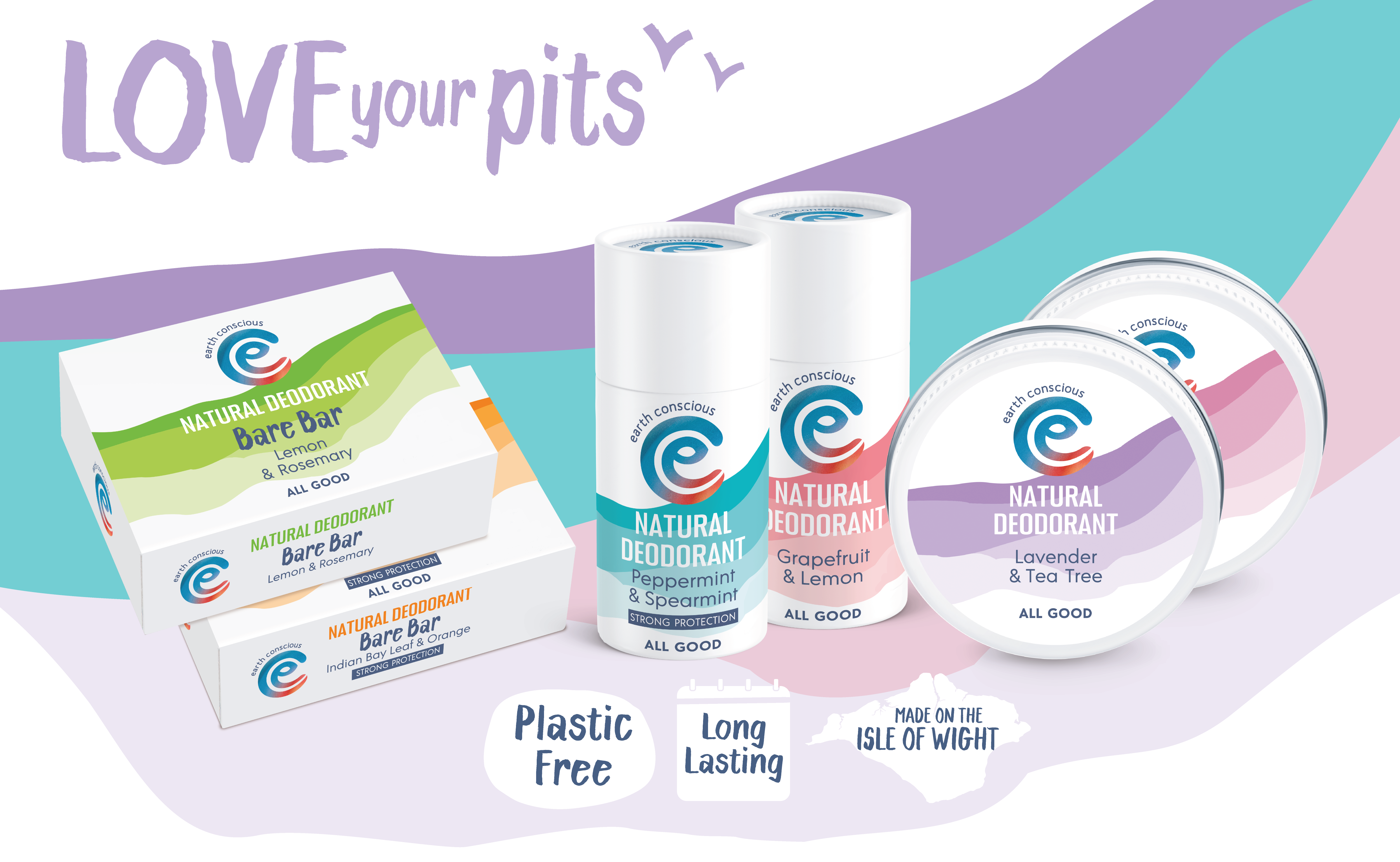 Natural deodorant and bar products with branding on a colourful background natural deodorant that works
