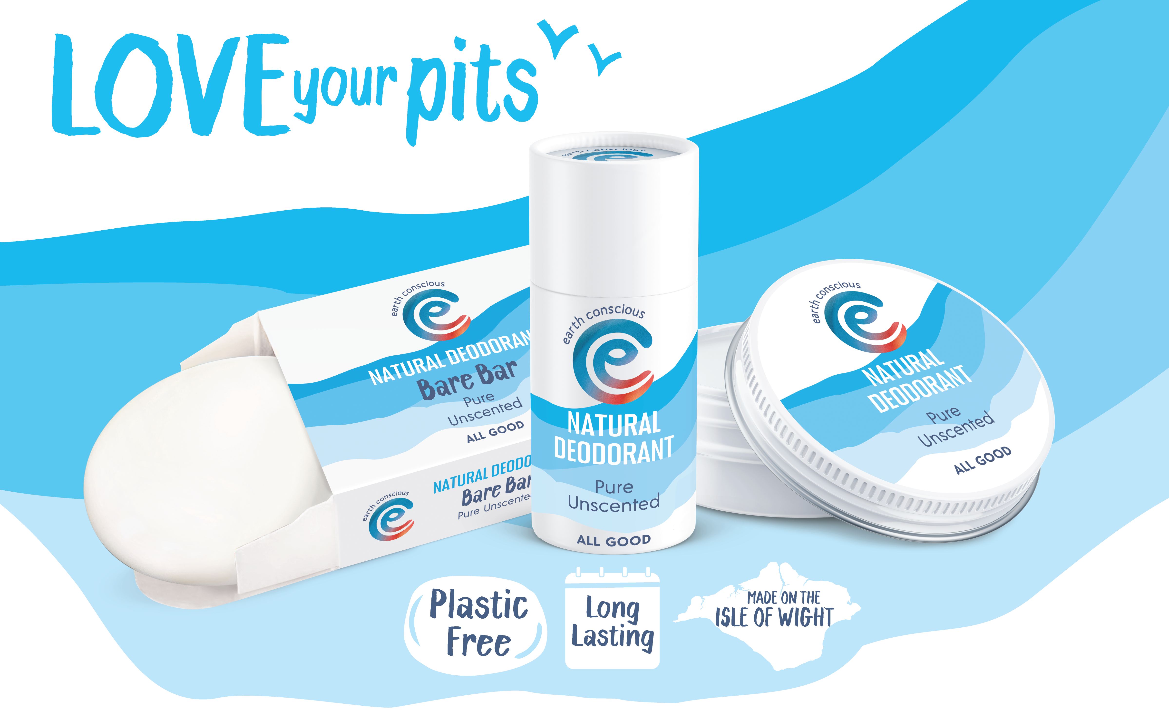 Collection of natural deodorant products unscented by Earth Conscious on a blue background