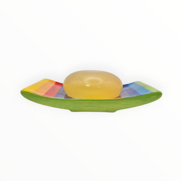 Hand painted rainbow stripe ceramic soap dish with soap
